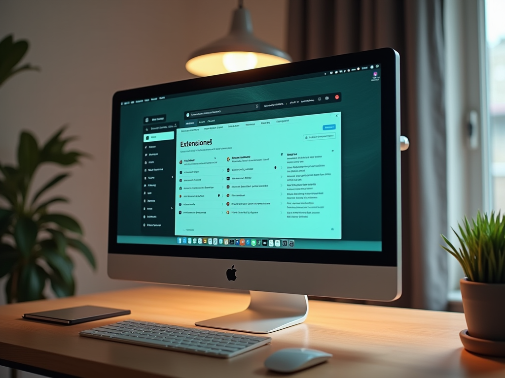 Computer screen displaying an extensions page with various tools listed, in a cozy office setting.