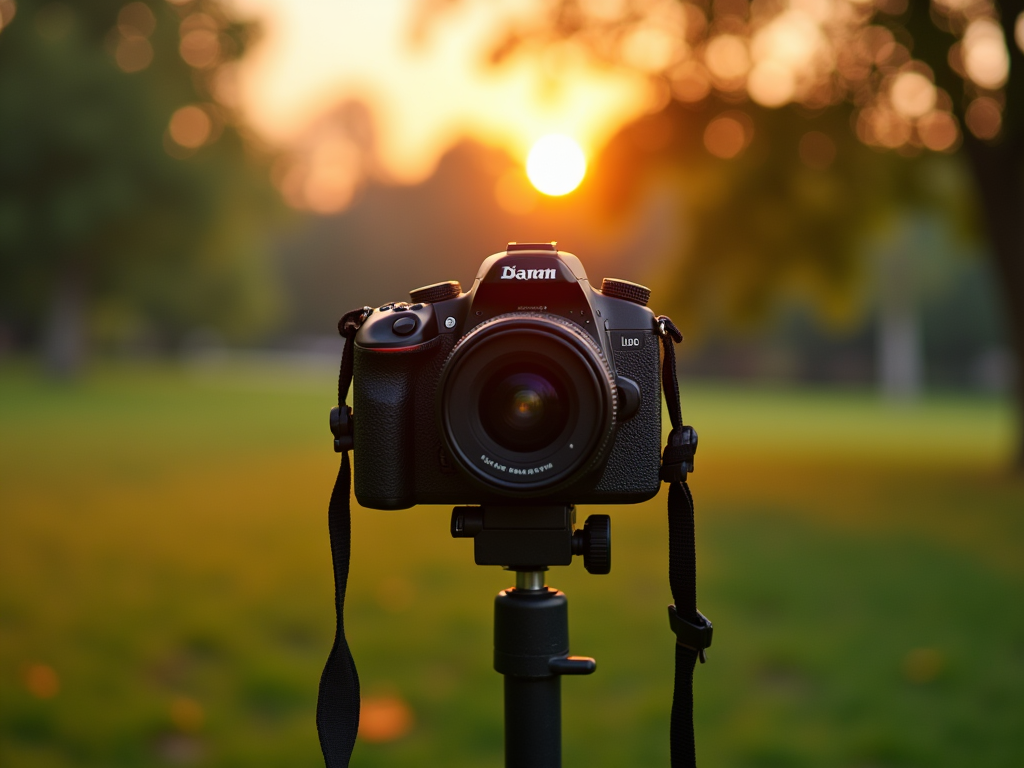 Camera on a tripod in a park at sunset, capturing the warm glow of the setting sun in the background.