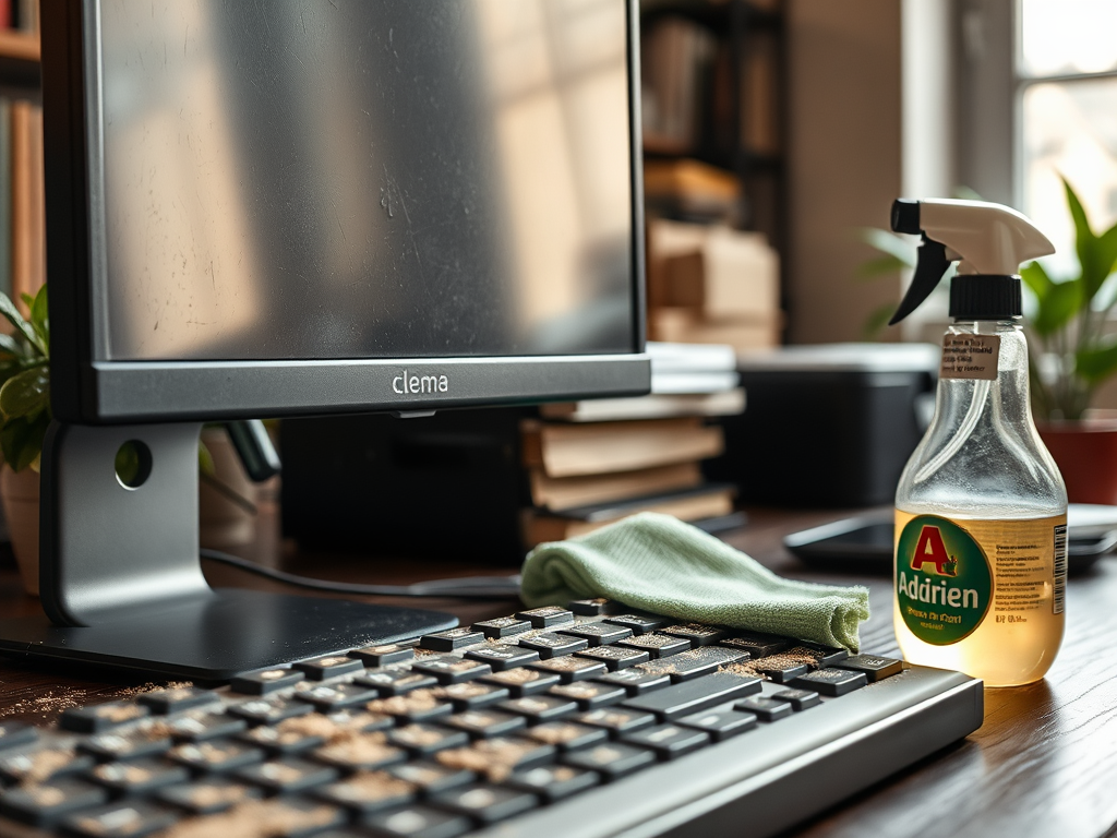 A clean workspace featuring a monitor, keyboard, a spray cleaner, and a microfiber cloth on a wooden table.