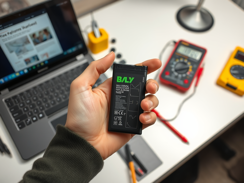 A person holds a BLY battery, with a laptop and multimeters visible on a desk.