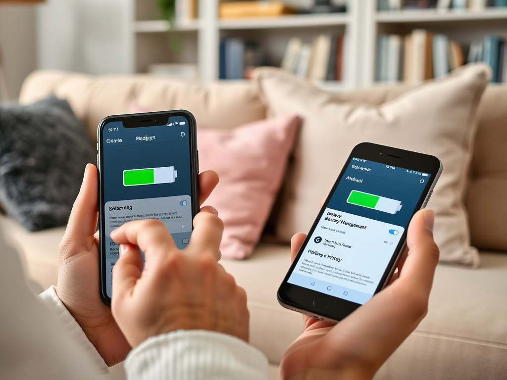 Two hands hold smartphones displaying battery settings on the screens, with a cozy background of a living room.