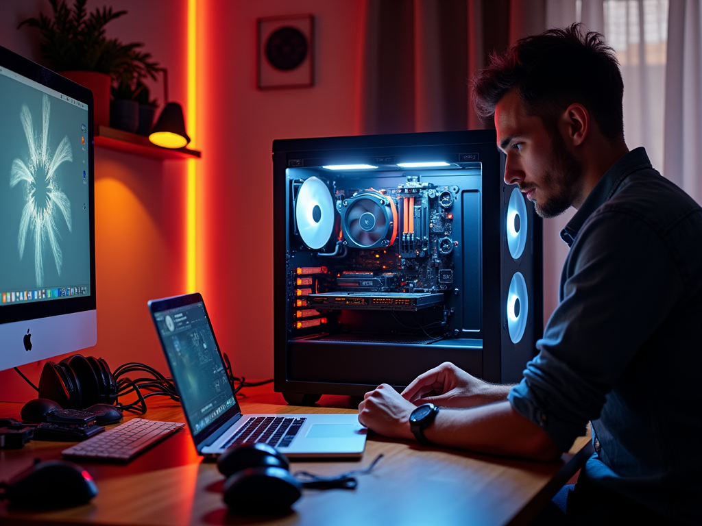 Man working at night with illuminated PCs and neon lights in a tech-filled home office.