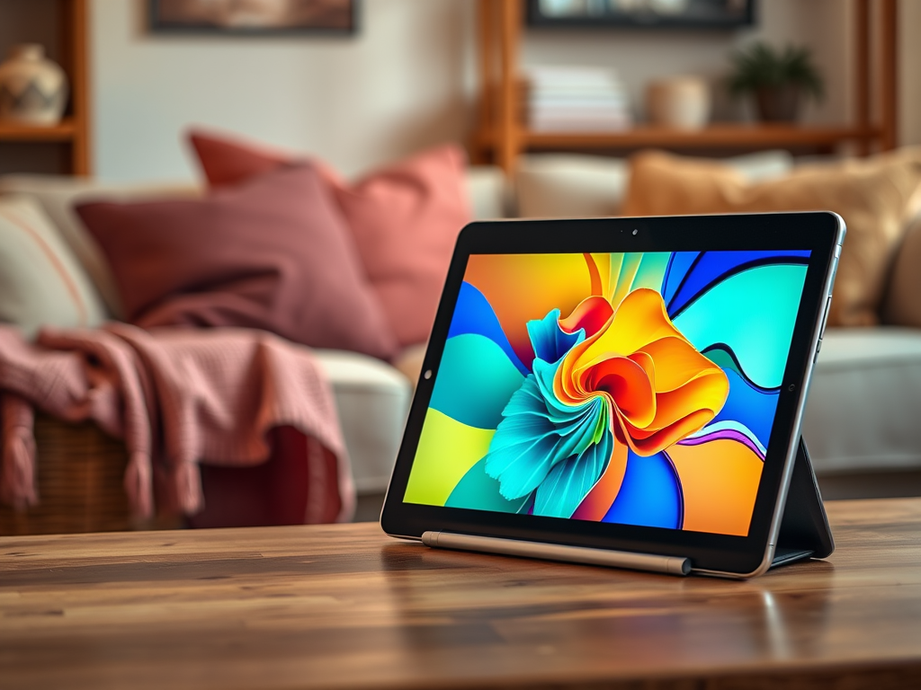 A colorful tablet displays abstract art on a wooden table, with a cozy living room in the background.