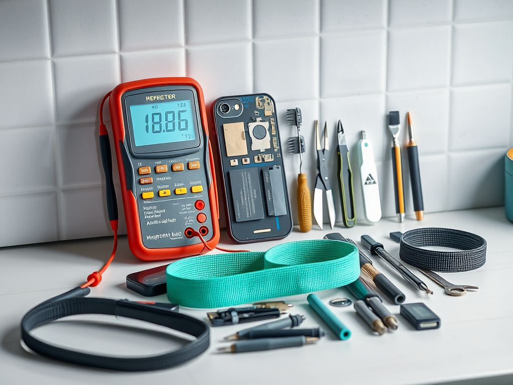 A multimeter, smartphone parts, and various tools and pens are arranged neatly on a table with a tiled background.