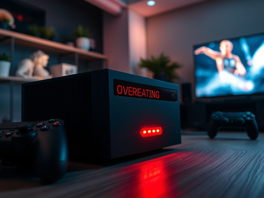 A gaming setup featuring a console displaying "OVERHEATING," with controllers and a TV in the background.