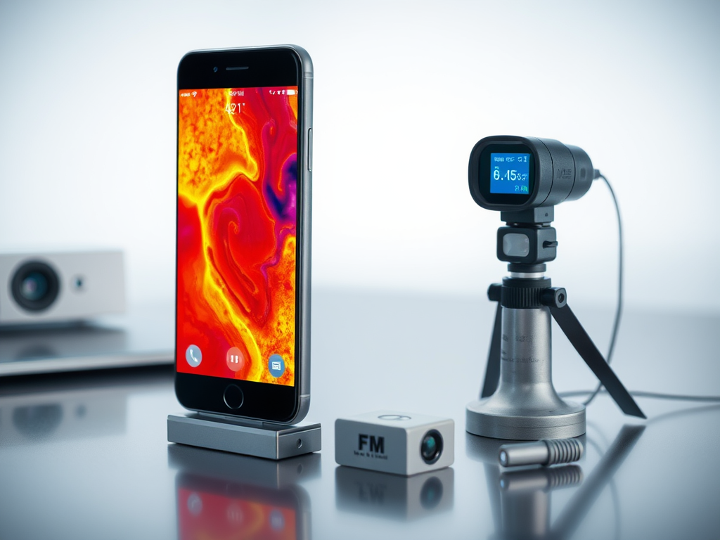 A smartphone displays vibrant colors next to a digital device on a tripod and a small camera on a reflective surface.