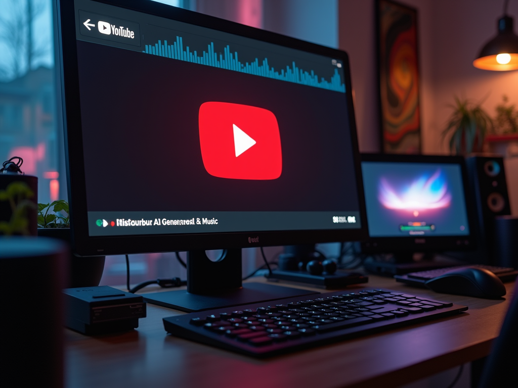 A computer screen displays YouTube's logo and interface in a cozy, dimly lit room with additional monitors.