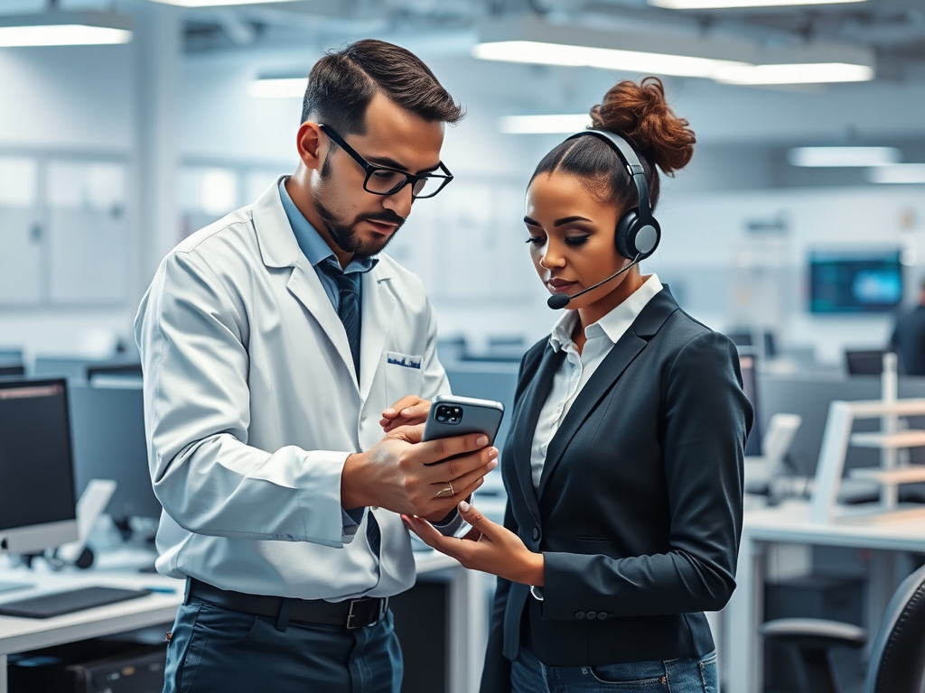 A man in a lab coat and a woman in a headset discuss a smartphone in a modern office setting.