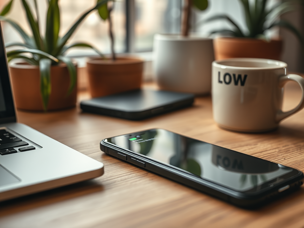 A smartphone rests on a wooden desk beside a laptop, coffee mug, and potted plants, with soft natural light.