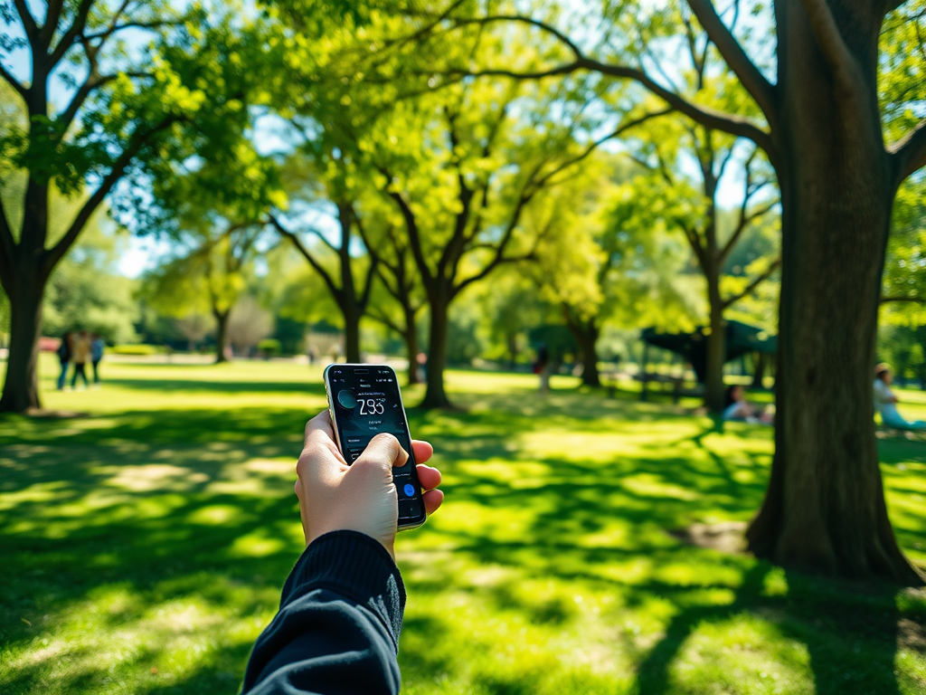 A hand holding a smartphone in a sunny park, with trees and people blurred in the background.