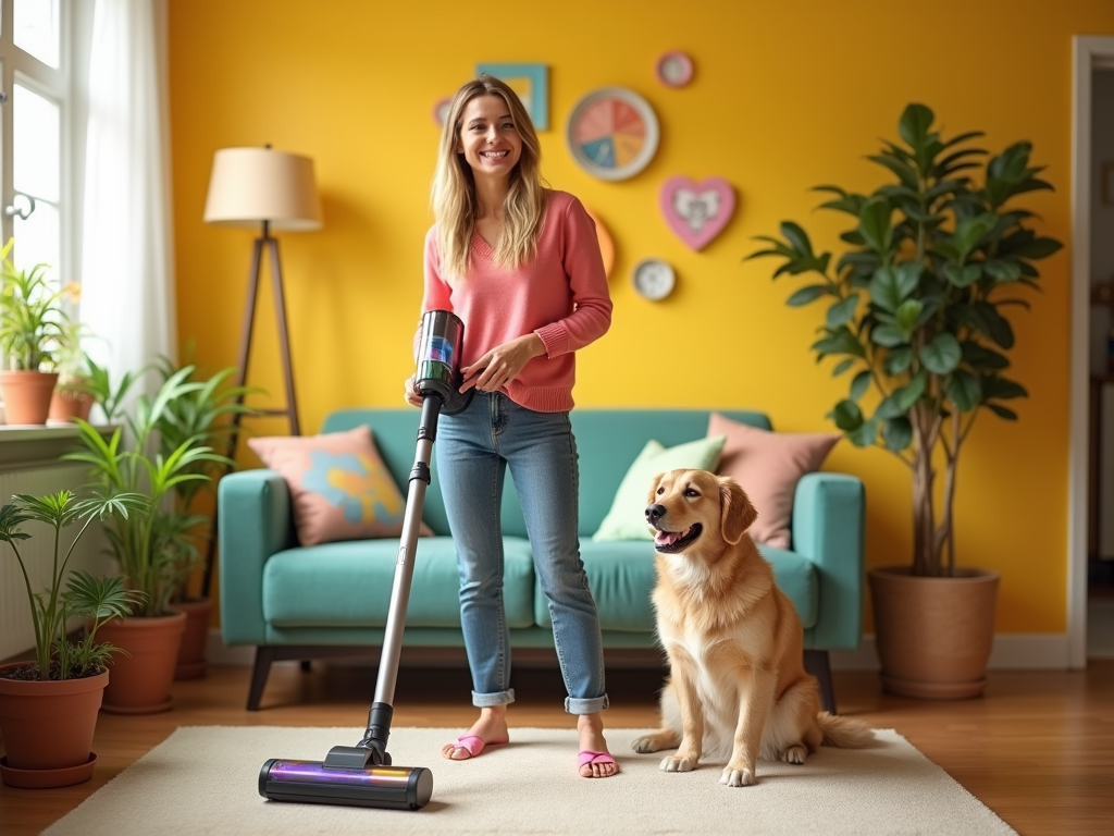 Woman vacuuming with a cordless vacuum in a colorful living room with a happy golden retriever dog.