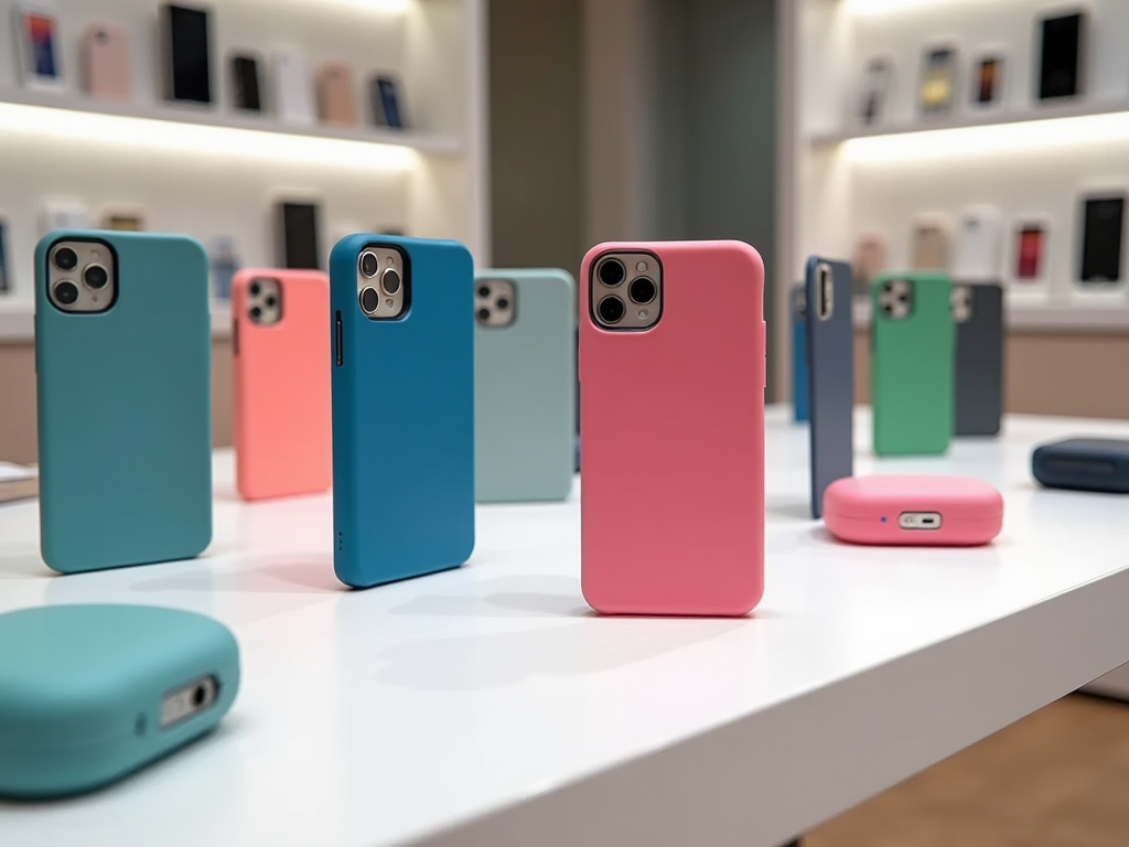 Colorful smartphone cases displayed in a store with devices standing upright on a white table.