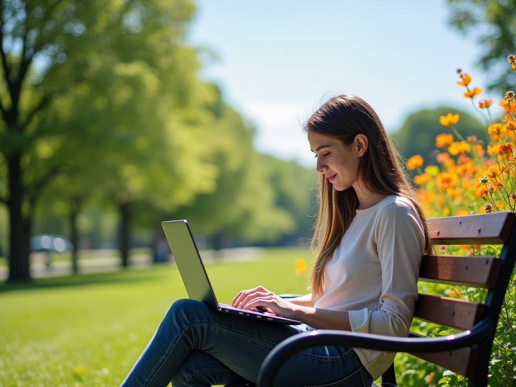 Woman using laptop on park bench surrounded by trees and flowers.