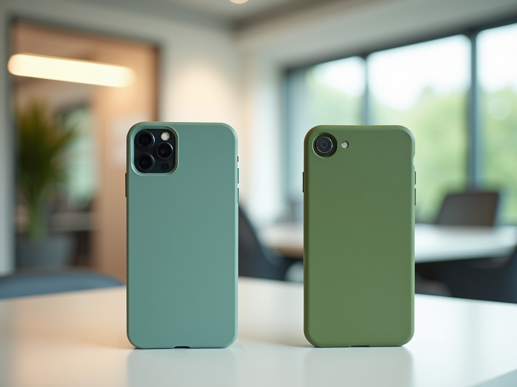 Two smartphones with cases, one with three cameras, stand on a table in a modern office setting.