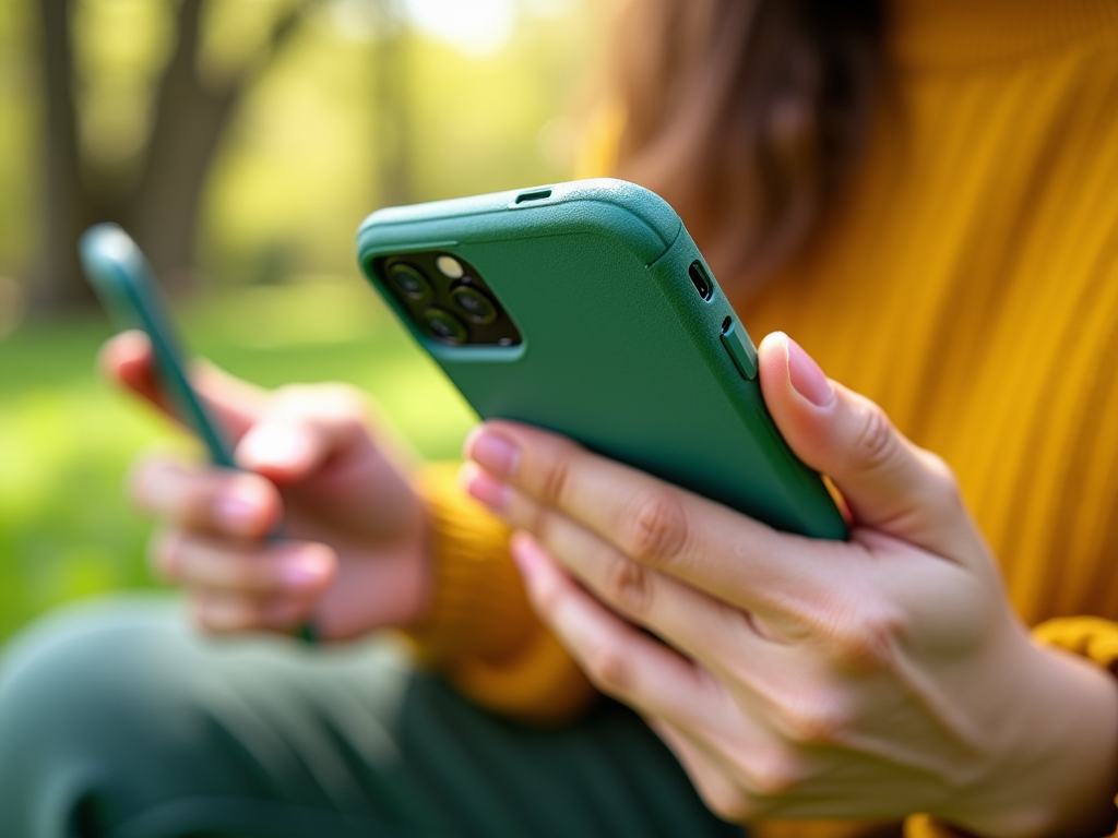 Person holding two green smartphones outdoors, with blurred greenery in the background.