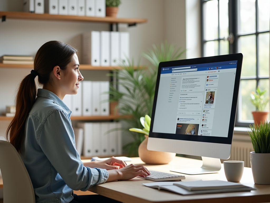 Woman using a computer with social media on the screen in a well-lit office.