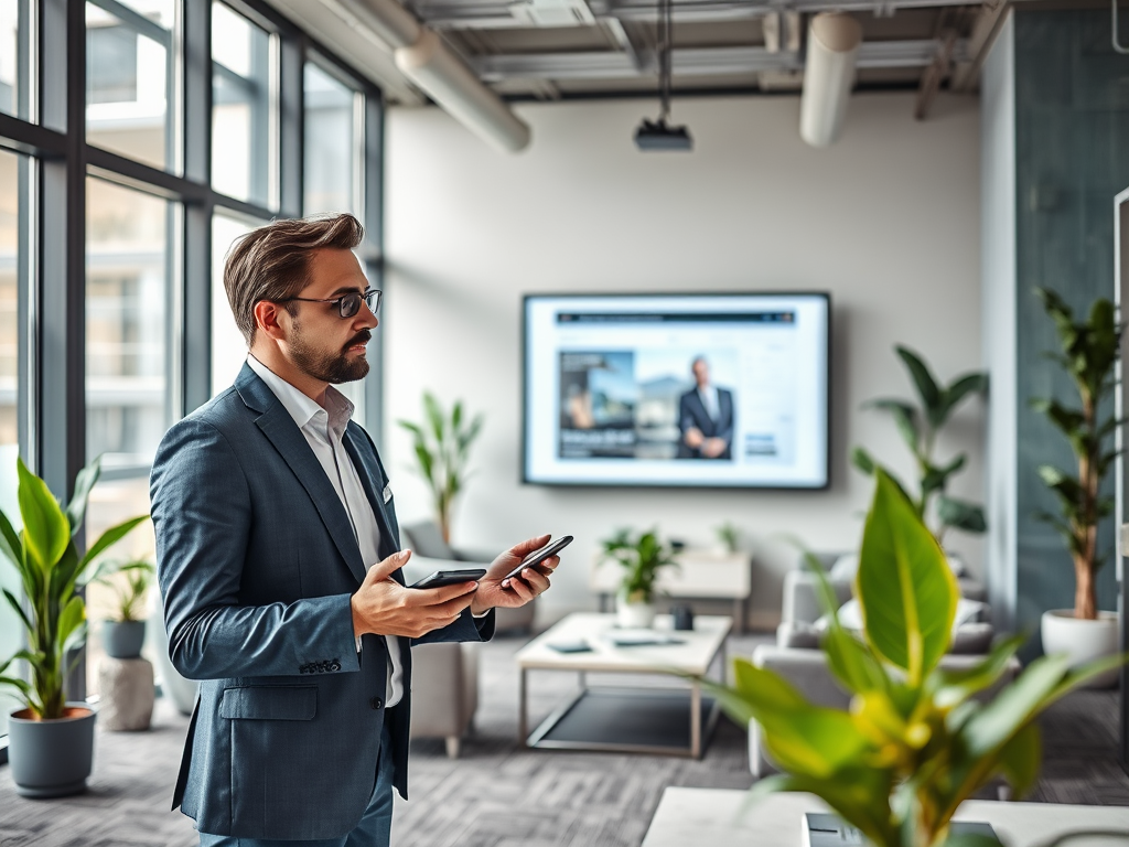 A businessman in a suit stands with two smartphones in a modern office, with plants and a screen in the background.