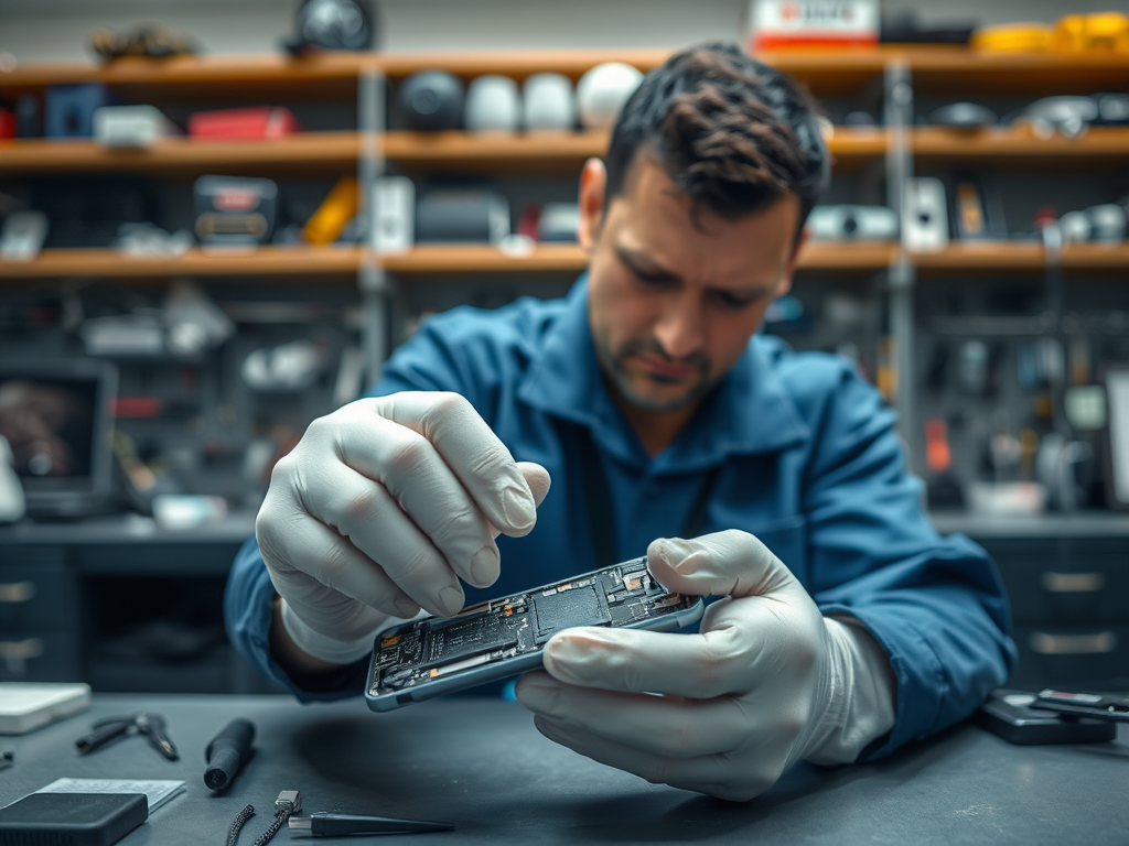 A technician in gloves repairs a smartphone, focused on the internal components in a workshop filled with tools.