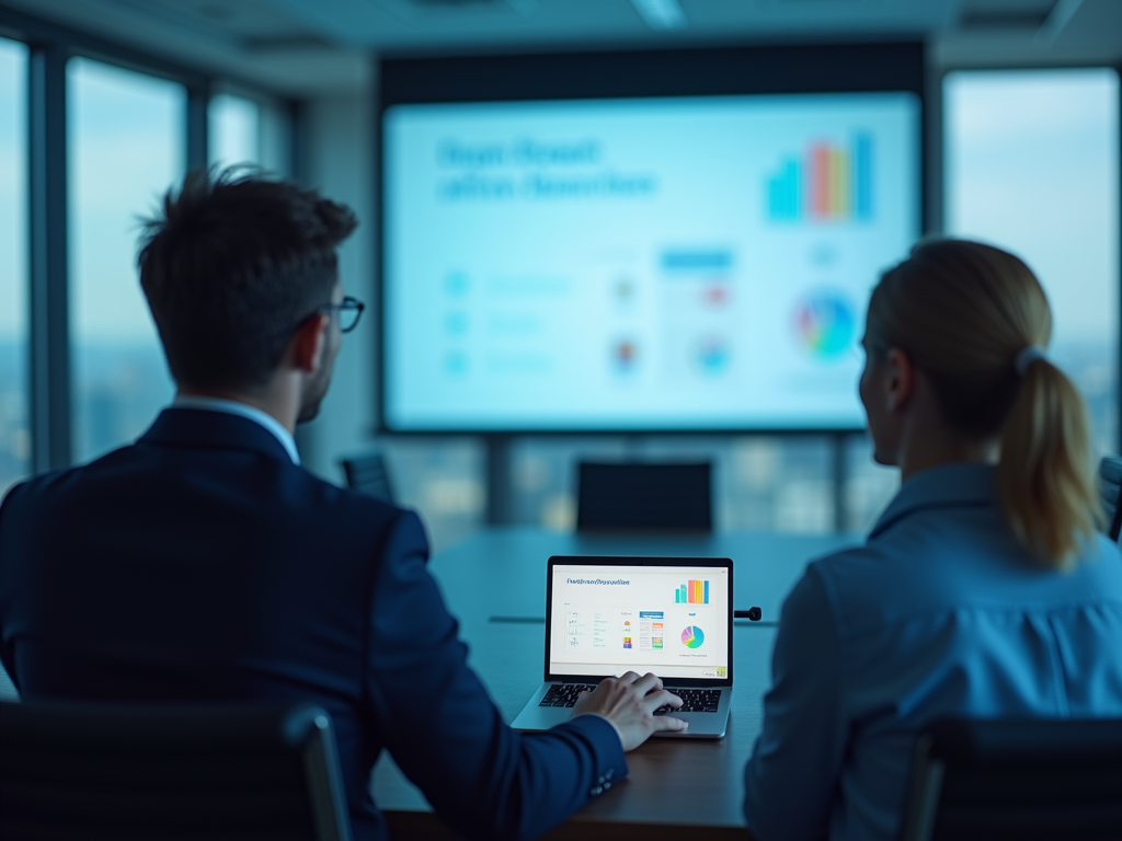 Two professionals analyzing data on a laptop and presentation screen in a modern office setting.