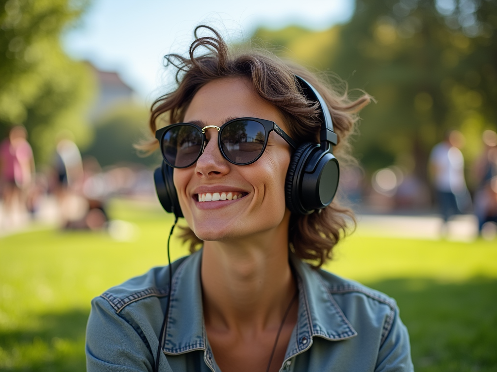 Smiling woman with sunglasses and headphones enjoying music in a sunny park.