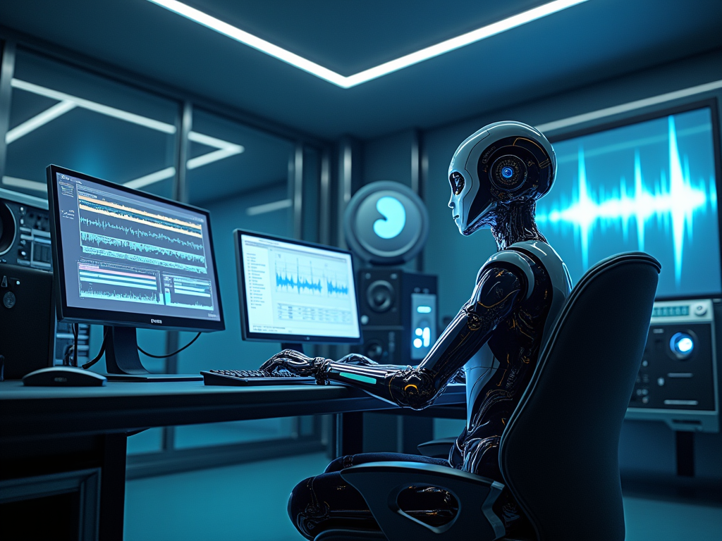 A futuristic robot analyzing data on multiple screens in a high-tech workstation.