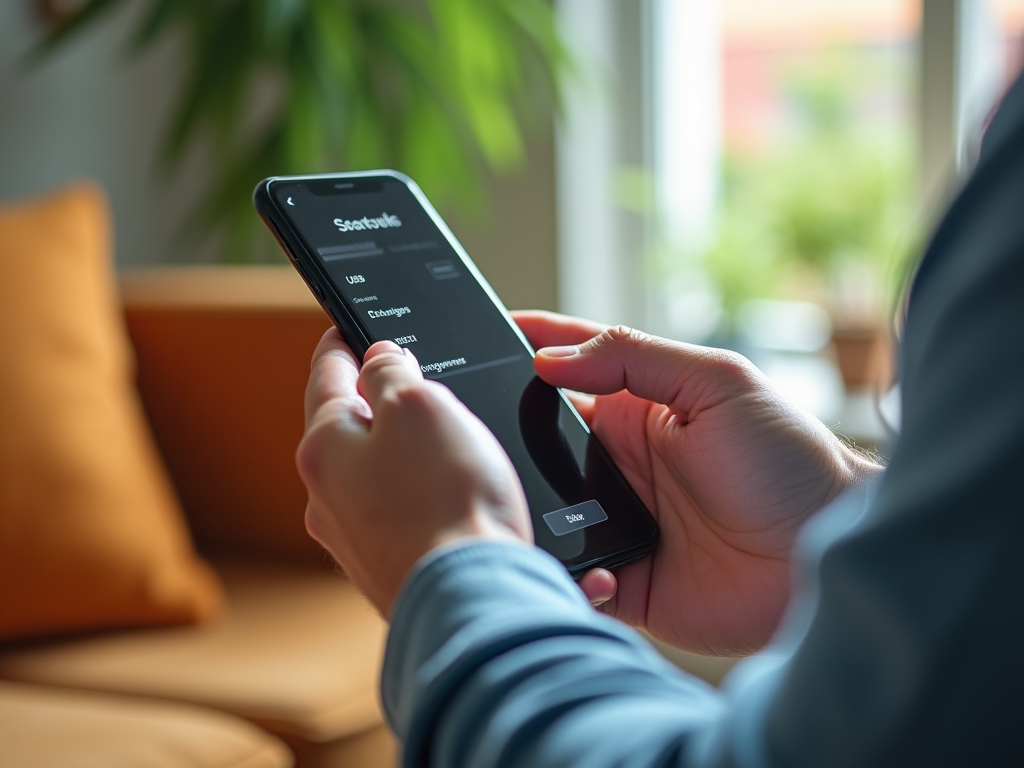 Person using smartphone app showing list of options, indoors with natural lighting.