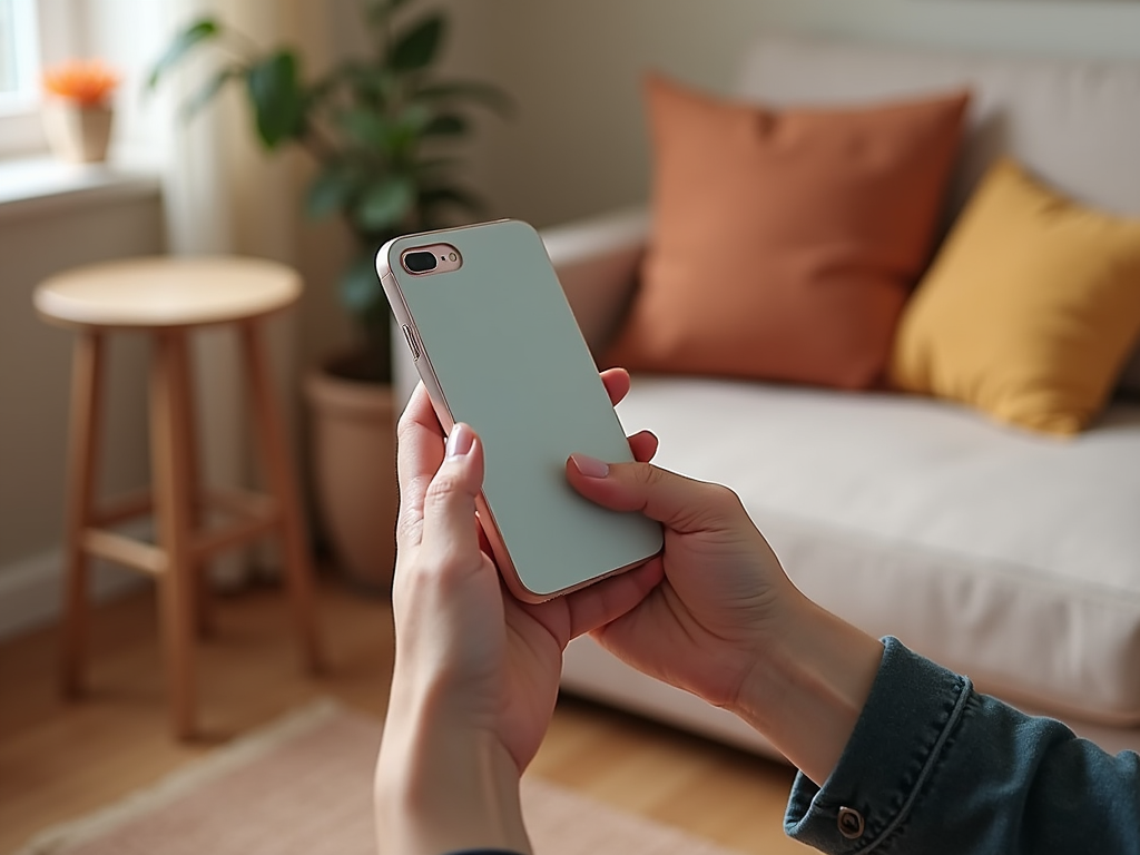 Person holding a smartphone in a cozy room with cushions and a plant background.