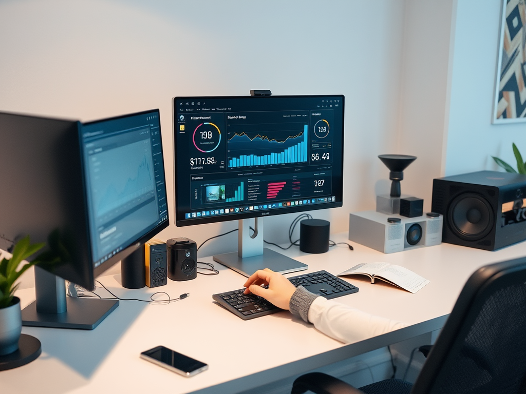 A person using a keyboard at a modern desk with multiple monitors displaying data and charts, featuring audio equipment.