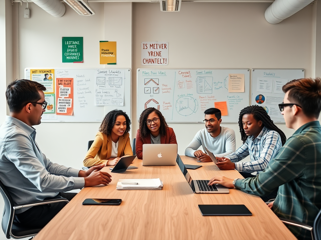 A diverse group of six people collaborating at a table with laptops, discussing ideas in a bright meeting room.