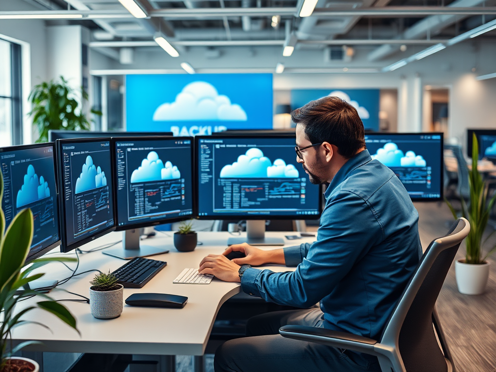 A person working at a desk with multiple monitors displaying cloud backup data in a modern office environment.