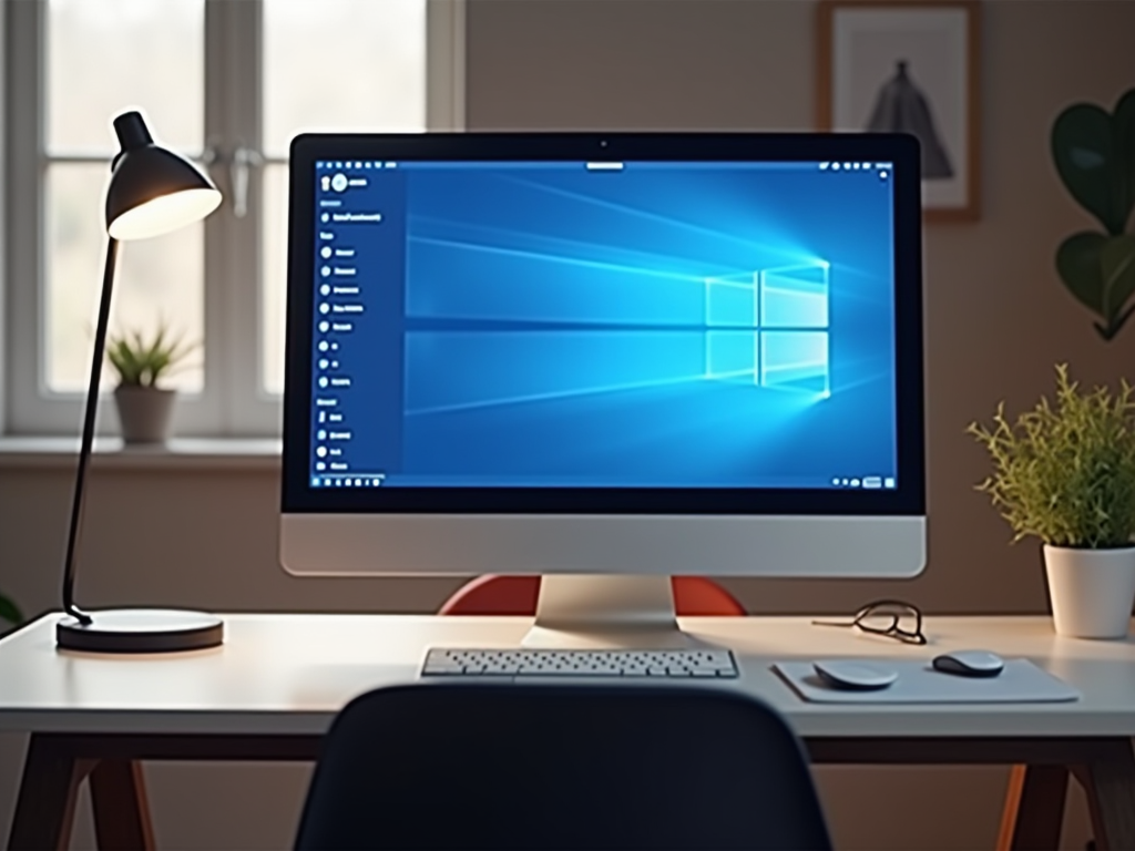 Home office setup with a desktop computer displaying a Windows background, lamp, and plants.