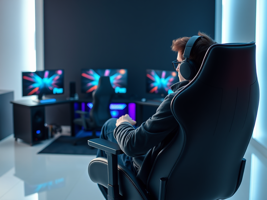 A person sits in a gaming chair, wearing headphones, facing dual monitors with vibrant abstract backgrounds.