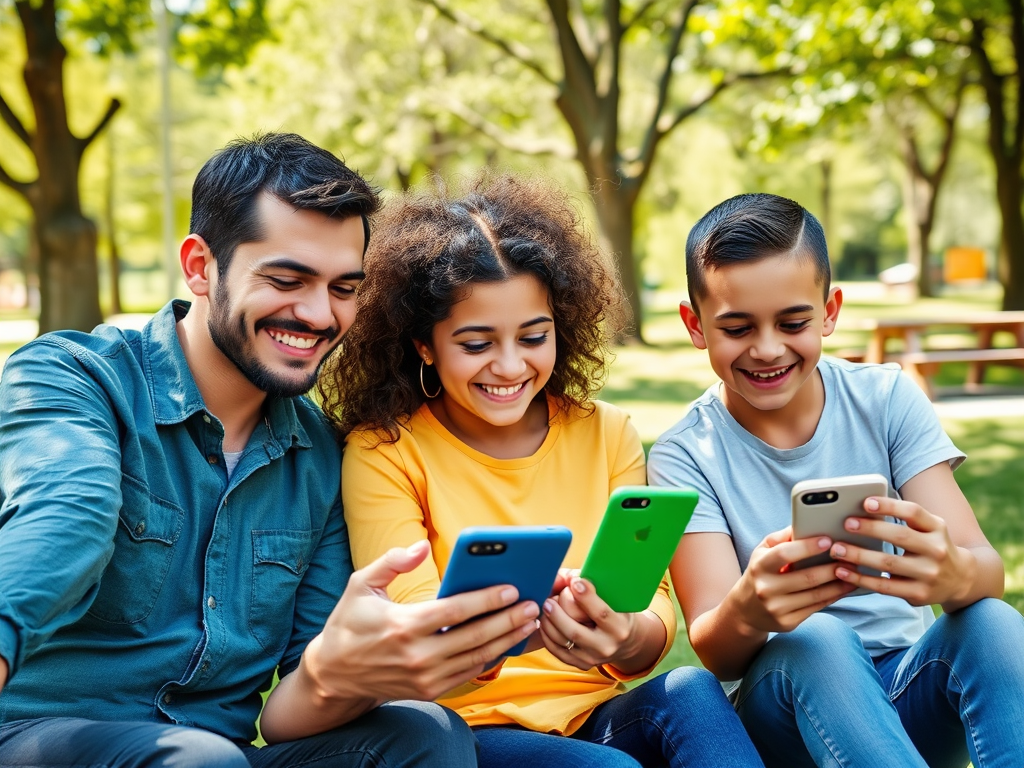 Three smiling friends, a man and two kids, sit outdoors using smartphones while enjoying a sunny day in the park.