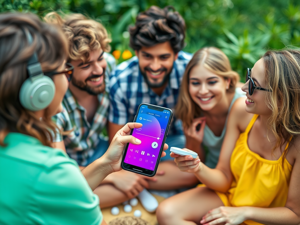 A group of friends enjoying music together outdoors, one showing a phone screen with a music app.