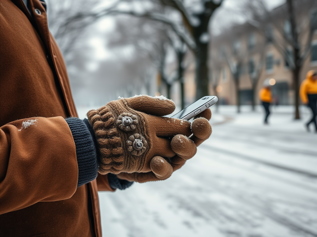 A person wearing brown knitted gloves holds a smartphone in a snowy street with blurred figures in the background.