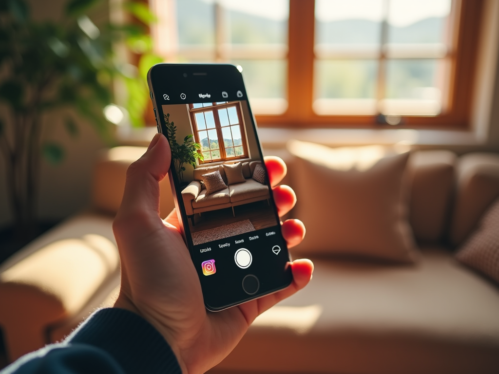 Hand holding a smartphone taking a photo of a cozy room with a couch and a window view.