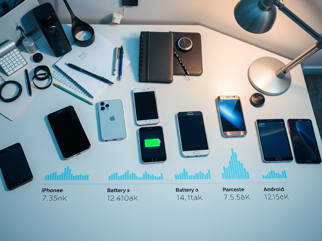 A tabletop with various smartphones, notebooks, and stationery, displaying battery data and usage statistics.