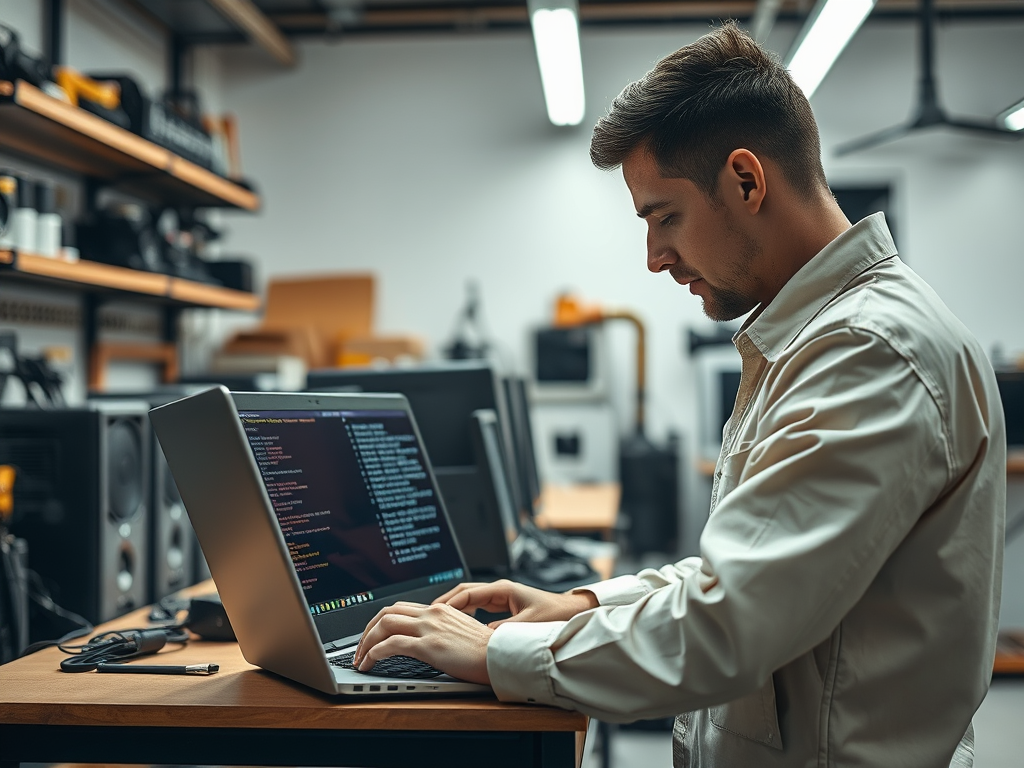 A young man in a light jacket types on a laptop, surrounded by tech equipment in a workshop.