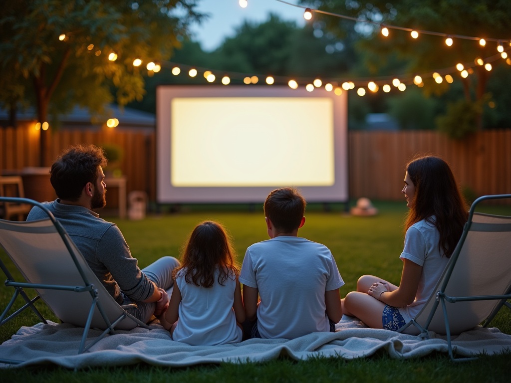 Family enjoying an outdoor movie night in the backyard with string lights overhead.