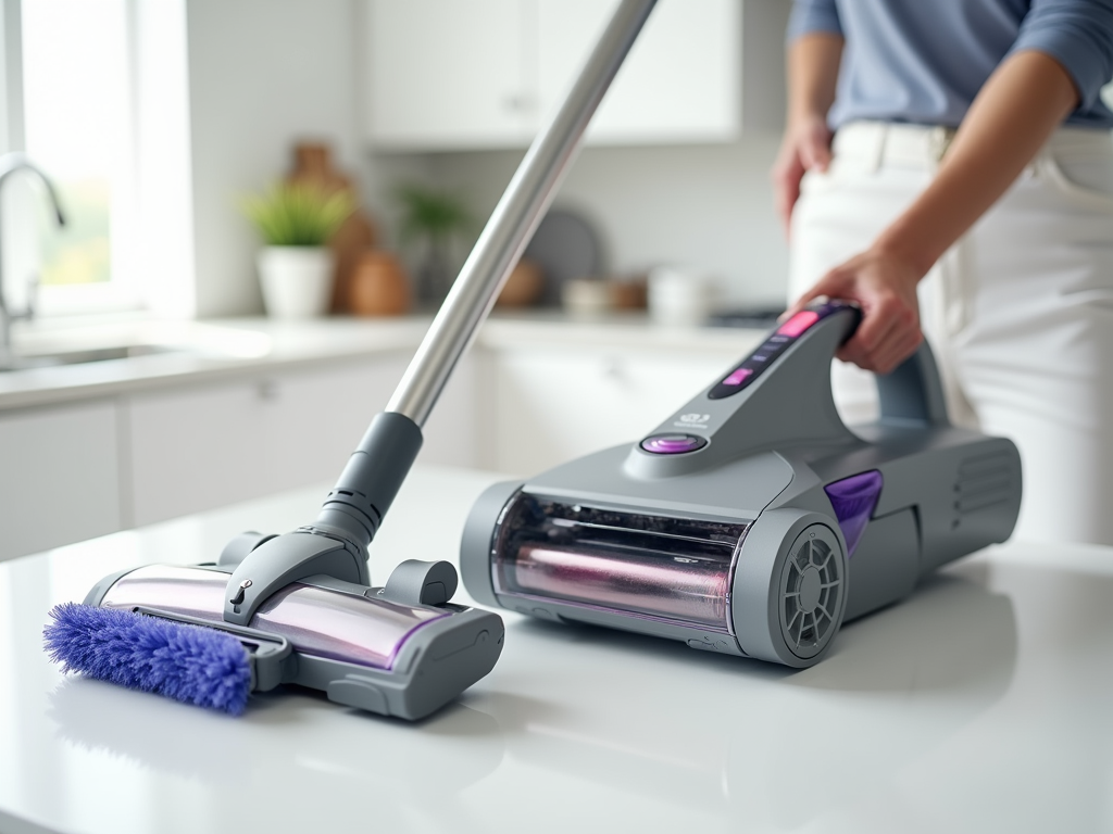 Person using a modern handheld vacuum cleaner in a bright kitchen.