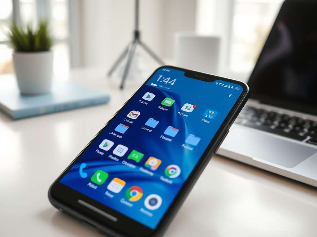 A smartphone with various app icons displayed on the screen sits on a desk next to a laptop and a plant.