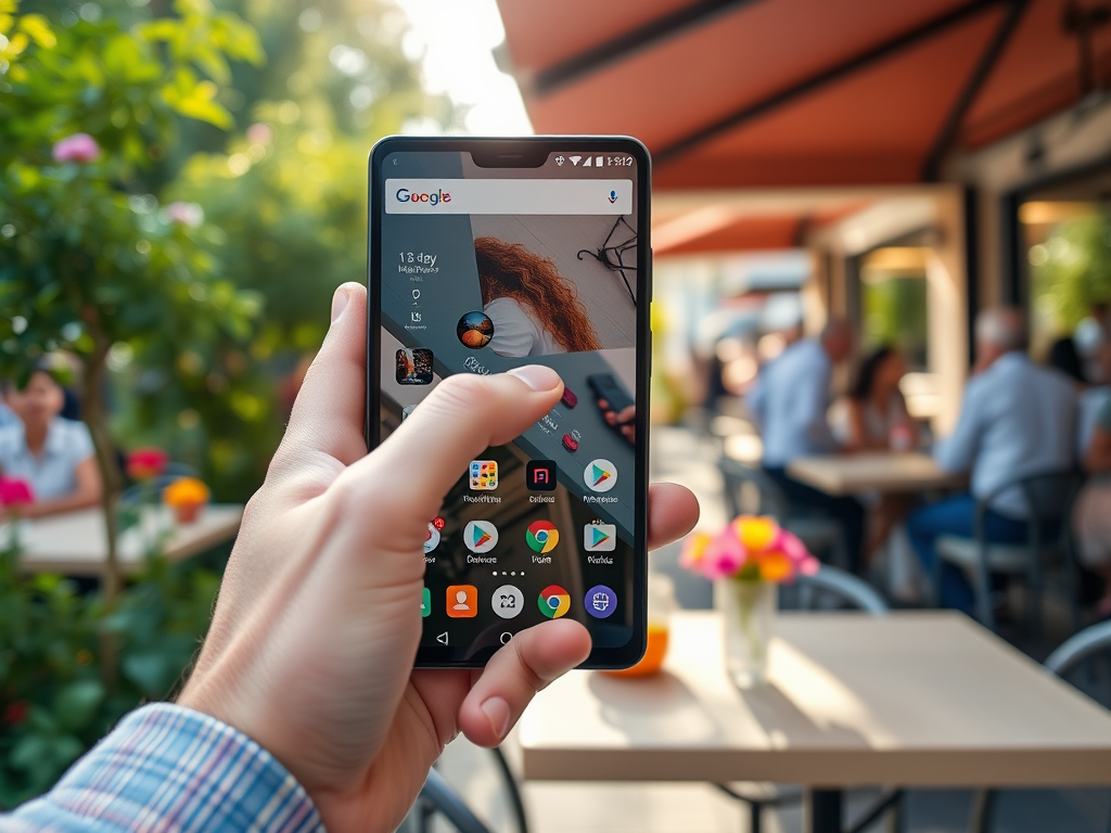 A hand holding a smartphone displaying an app screen, with a cafe setting and people in the background.