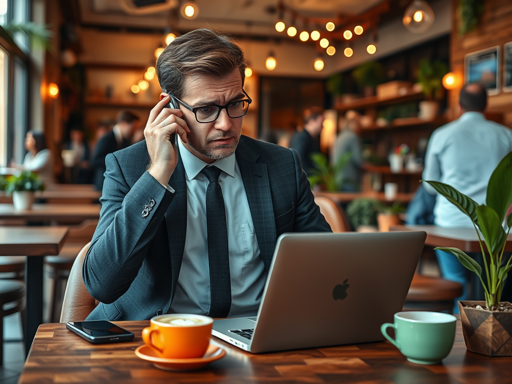 A man in a suit sits in a café, focusing on his laptop while holding a phone to his ear. Coffee and plants are nearby.