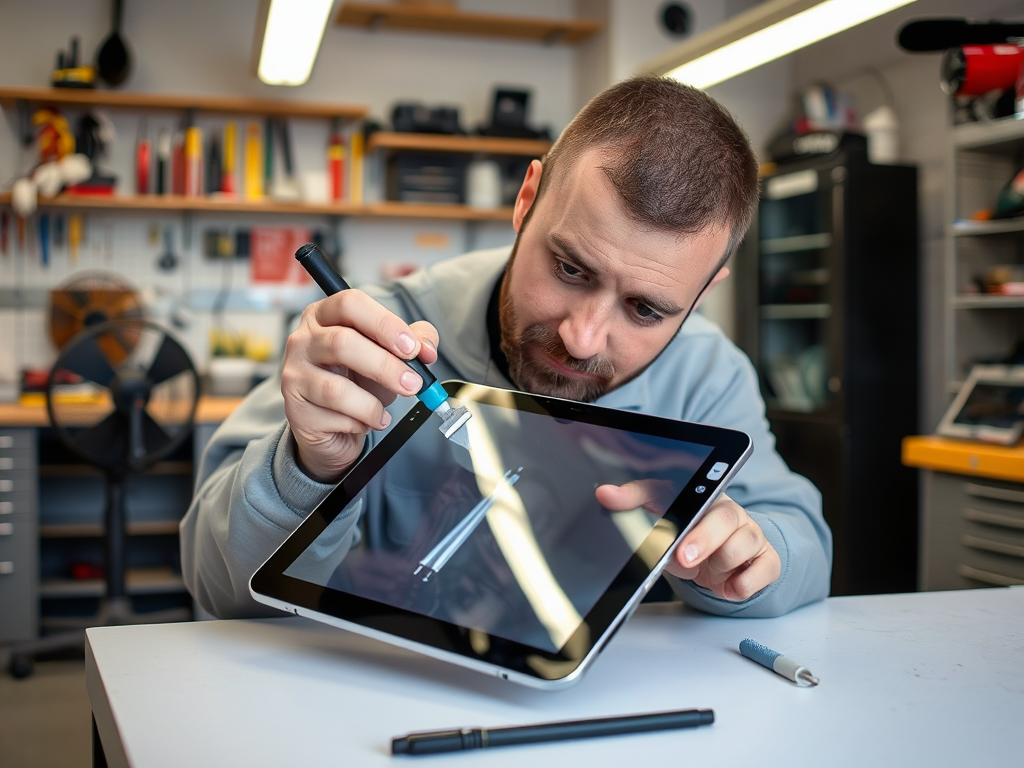 A person carefully examines a tablet screen while holding a stylus, in a workshop filled with tools.