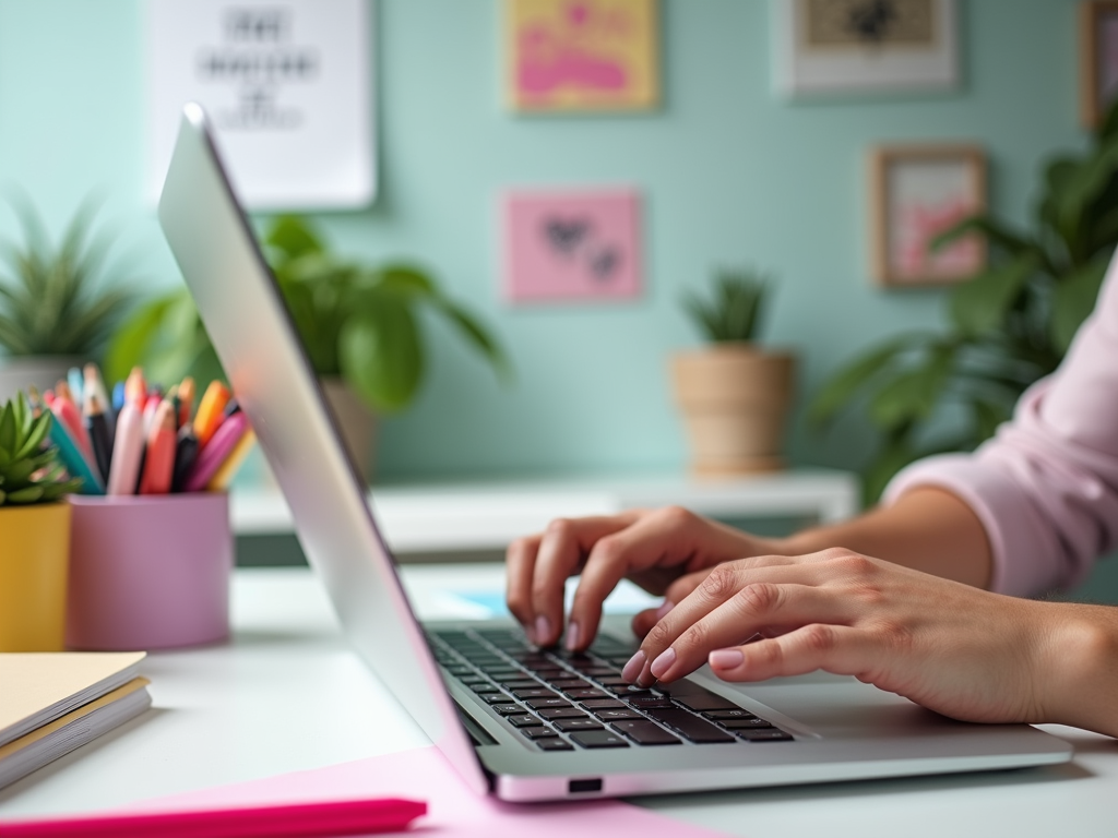 Person working on a laptop in a colorful, plant-decorated home office.