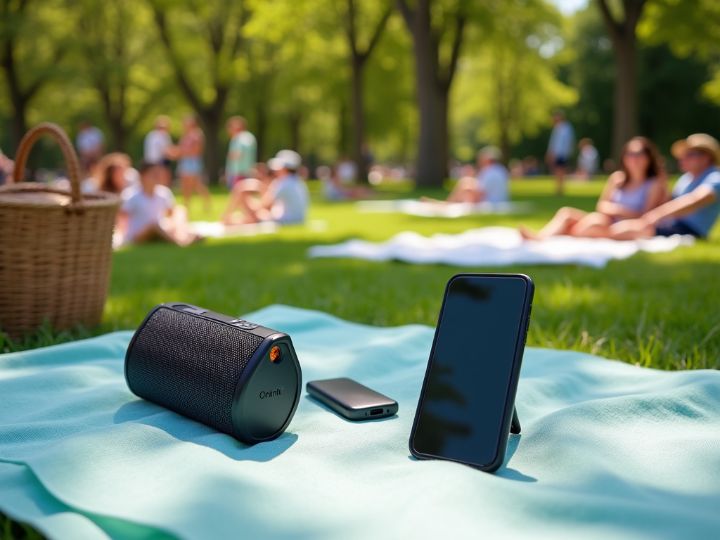 Portable speaker and smartphone on a picnic blanket in a park with people in the background.