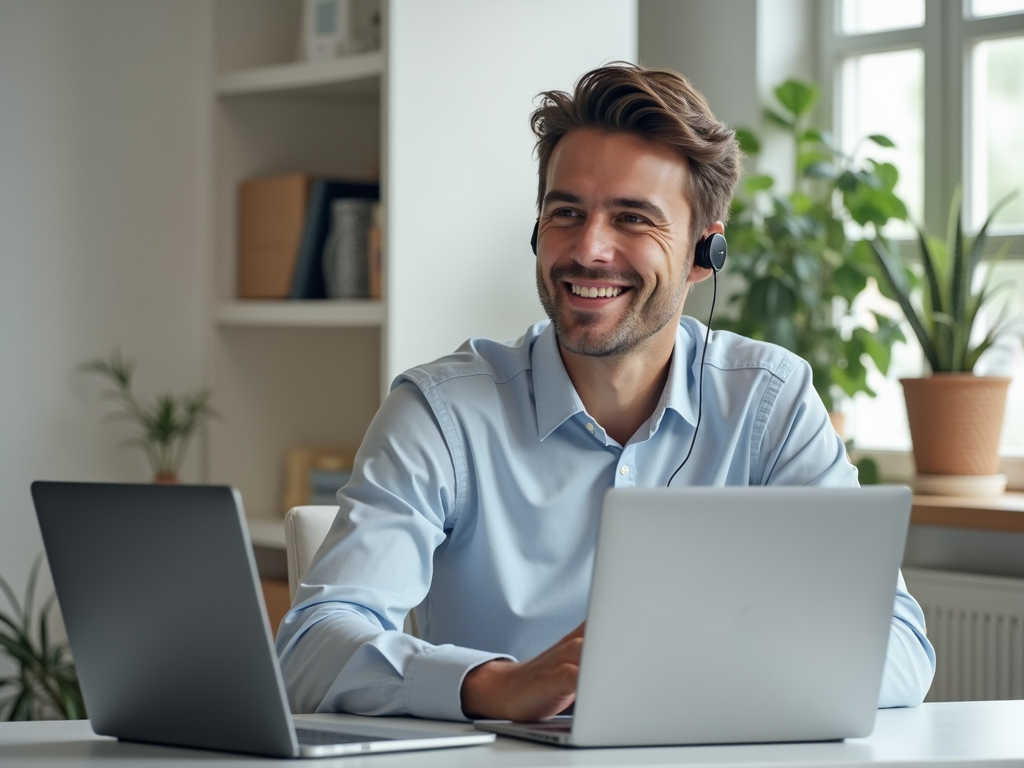 Smiling man with headset using two laptops at a tidy home office desk.