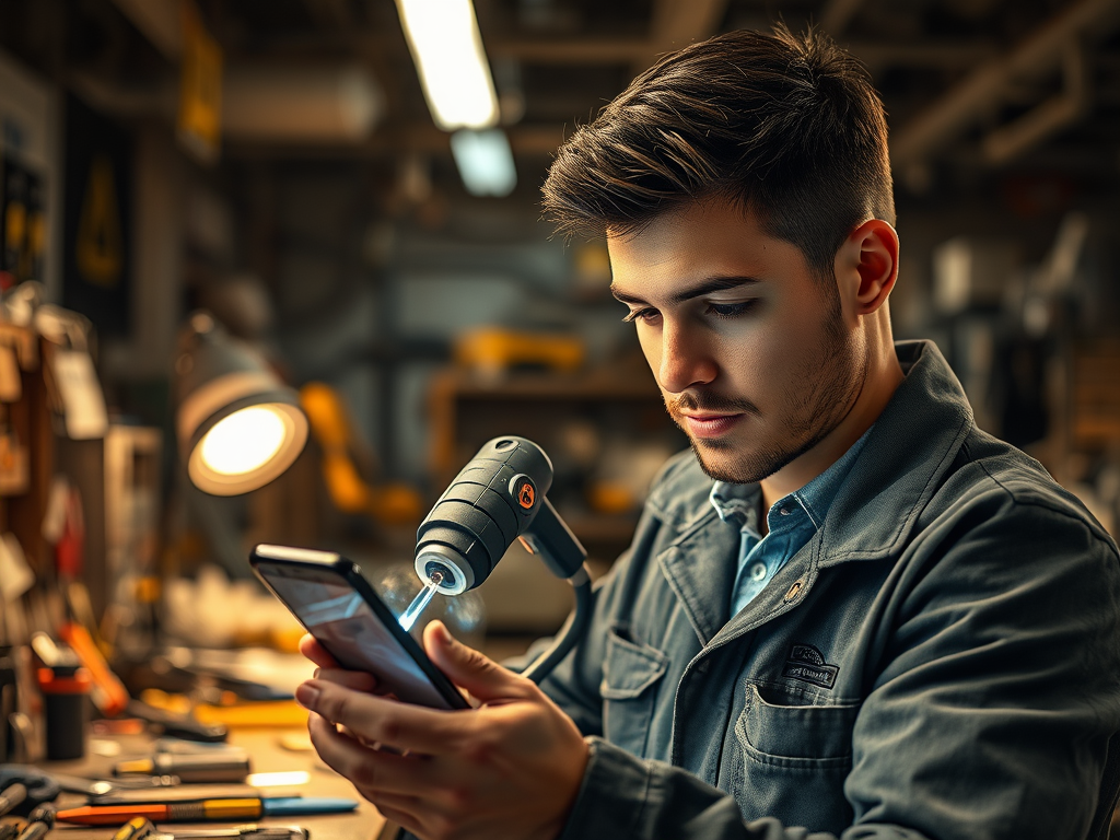 A focused young man inspects his smartphone under a small light in a workshop filled with tools.