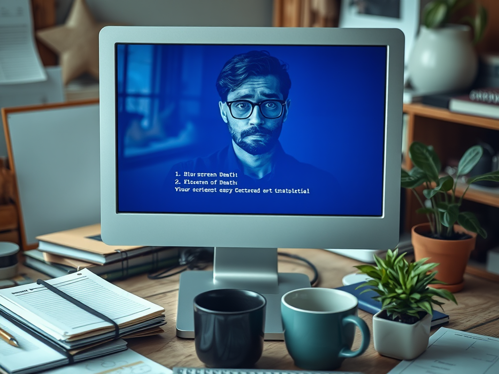 A computer monitor displays a man looking confused, with error messages about a blue screen in the background.