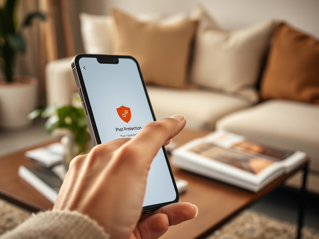 A person holding a smartphone displaying "Pist Protection" in a cozy living room setting.